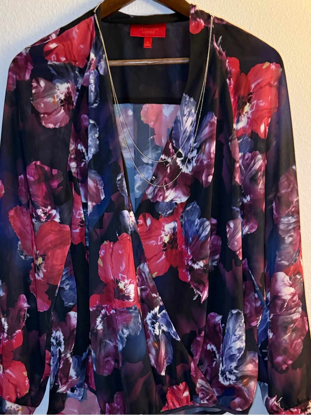 Jennifer Lopez Sheer Floral Blouse - Black with Red & Purple Floral